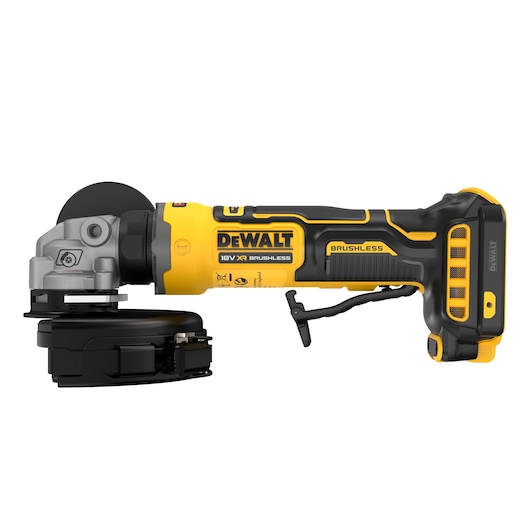 A DEWALT 18V XR Brushless cordless angle grinder with a yellow and black design, shown in profile view.