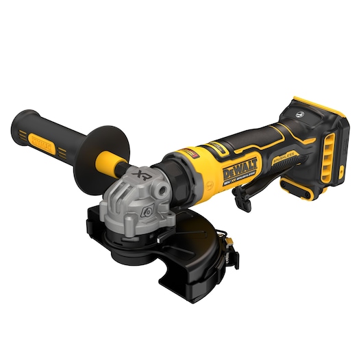 A DEWALT DCG404N cordless brushless angle grinder with a black and yellow handle, side grip, and protective guard.