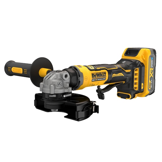 A DEWALT 18V XR brushless cordless angle grinder with a side handle and battery attached, shown on a white background.