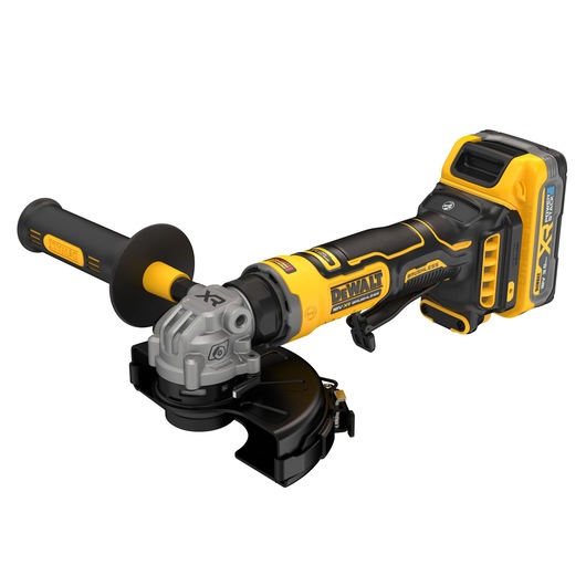 A DEWALT cordless angle grinder with a black and yellow design, showing its ergonomic handle, battery pack, and protective guard.