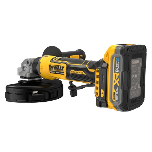 A DEWALT cordless angle grinder with a brushless motor and XR Powerstack 18V 3.5Ah battery, featuring a black and yellow design.