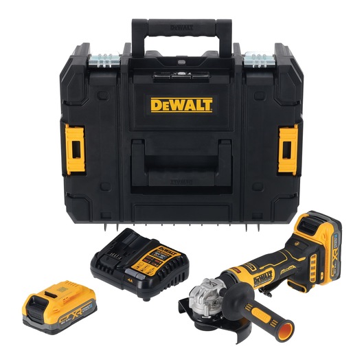 A DEWALT cordless angle grinder set including a black and yellow tool case, a battery charger, two batteries, and the angle grinder with a handle, all arranged on a white background.