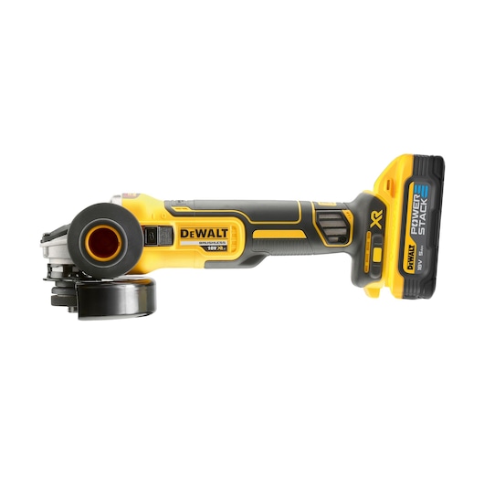 DEWALT 18V cordless angle grinder with brushless motor, shown with POWERSTACK battery.