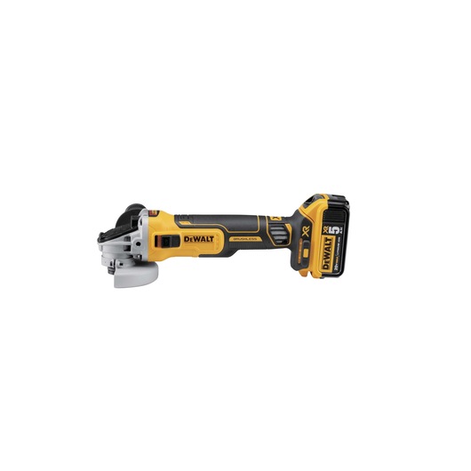 A yellow and black cordless angle grinder with a side handle and protective guard, branded DEWALT.