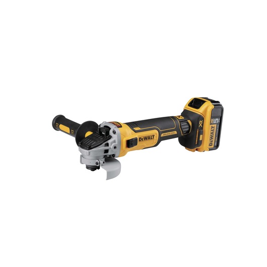 Cordless DEWALT angle grinder, model DCG405P2-QW, featuring a yellow and black body with a protective guard and side handle, shown upright against a white background.