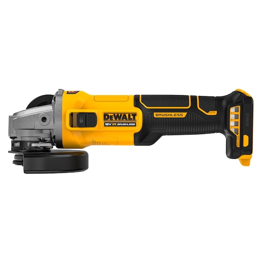 DEWALT cordless grinder, photography category, SKUs DCG407NT and DCG407N-XJ, yellow and black.