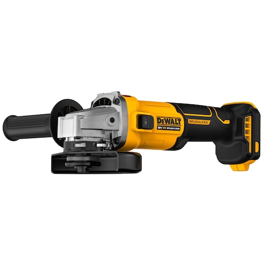 DEWALT DCG407NT, DCG407N-XJ cordless grinder tool in black and yellow. Photography product category.