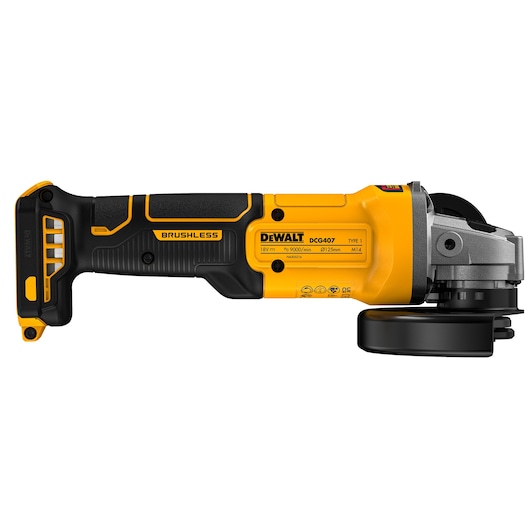 DEWALT cordless grinder DCG407NT, DCG407N-XJ, yellow and black, displayed side view.