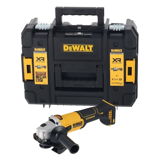 DEWALT DCG407NT, DCG407N-XJ grinder and case. Photography product.