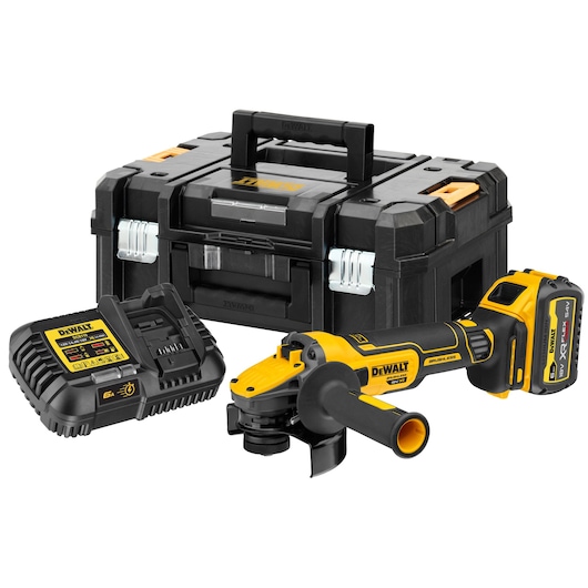 DEWALT cordless angle grinder kit including a yellow and black angle grinder, battery charger, battery pack, and a sturdy black storage case with handle.