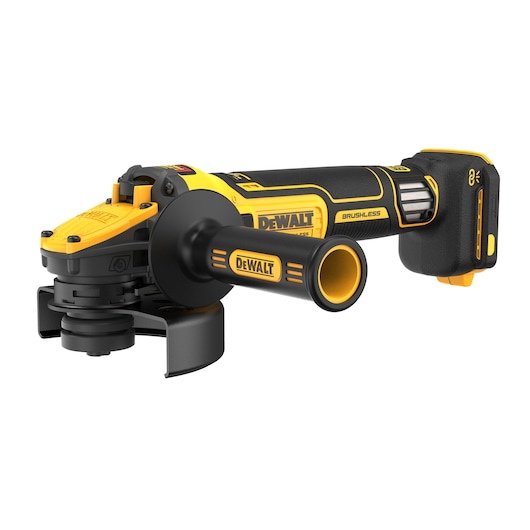 A DEWALT cordless brushless angle grinder with a side handle, black and yellow in color.
