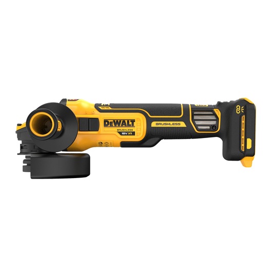 A cordless DEWALT brushless angle grinder, 18V XR model, shown in side view with a black and yellow design.