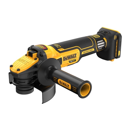 A DEWALT cordless angle grinder with a yellow and black design, featuring a side handle and a battery pack attached at the end.