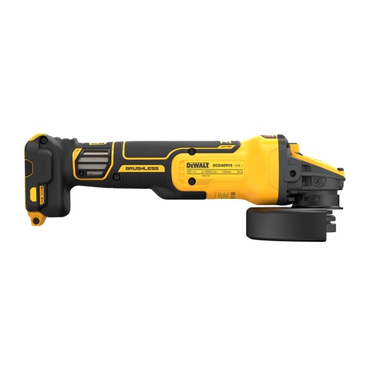Side view of a DEWALT cordless brushless angle grinder, model DCG409VSN, featuring a black and yellow design and a protective guard around the grinding disc.