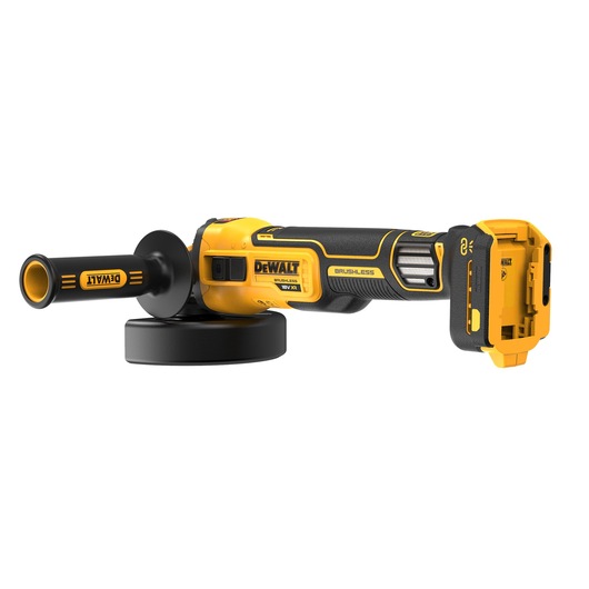 A DEWALT cordless brushless angle grinder with a yellow and black design, pictured in a side profile with a removable side handle and battery compartment visible.