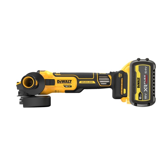 A yellow and black DEWALT cordless angle grinder with a visible 18V XR FLEXVOLT battery attached.
