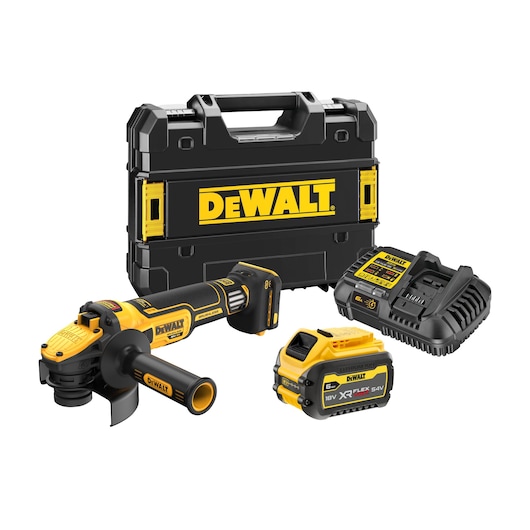 DEWALT cordless angle grinder set with black and yellow carrying case, battery, and charger. The set includes a DEWALT angle grinder, a FLEXVOLT XR lithium-ion battery, and a DEWALT fast charger.