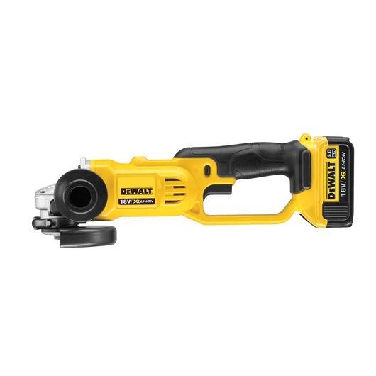 A DEWALT 18V XR Li-Ion cordless angle grinder with yellow and black design, featuring a protective guard and rechargeable battery attached.