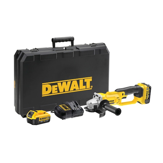 DEWALT cordless angle grinder kit including yellow and black angle grinder, battery pack, charger, and hard carrying case with DEWALT logo, arranged on a white background.