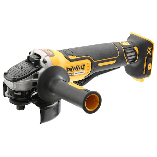 A DEWALT cordless angle grinder with a black and yellow design. The tool features a side handle and is labeled with 'XR' and 'Brushless' near the battery area.