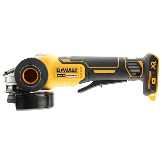 A DEWALT 18V XR cordless brushless angle grinder, shown in a side view against a white background.