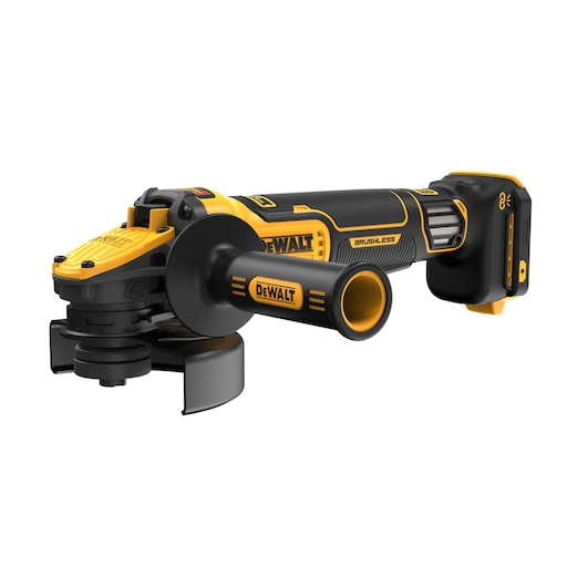A DEWALT cordless brushless angle grinder with a black and yellow design, featuring a side handle and protective guard, shown on a white background.