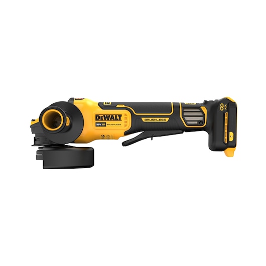A DEWALT cordless angle grinder, model DCG416VSN, shown in profile. The tool is yellow and black, featuring a brushless motor. No battery is attached.