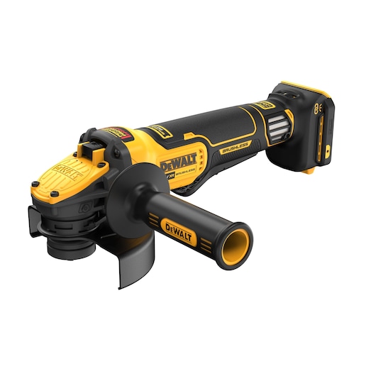 A DEWALT cordless angle grinder with a side handle, yellow and black in color, featuring a brushless motor and a rechargeable battery pack attached at the end.