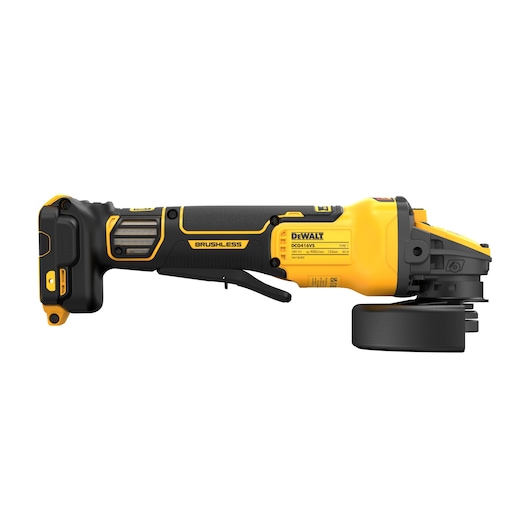 A DEWALT cordless brushless angle grinder, model DCG416VSN, shown in a side profile view. The tool is predominantly yellow with black accents and features a visible grinding disc.