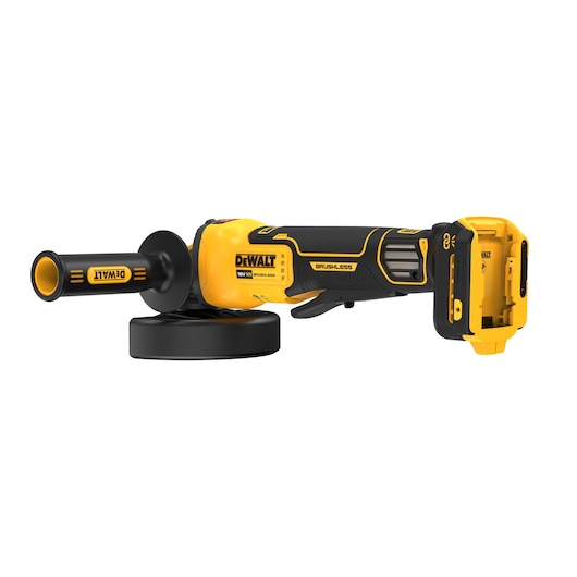 DEWALT 18V cordless brushless angle grinder with a side handle, black and yellow color, shown without a battery attached.