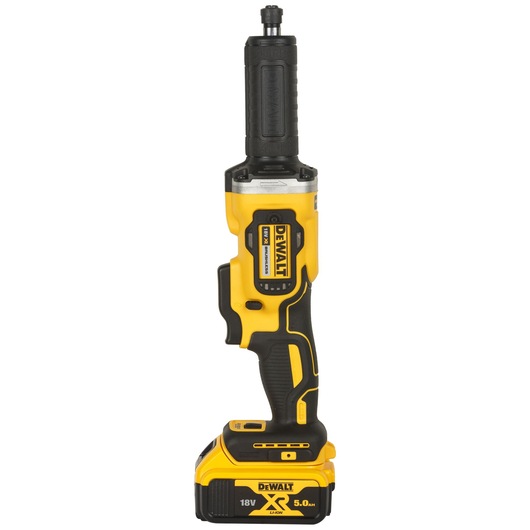 A DEWALT 18V XR cordless die grinder with a 5.0Ah lithium-ion battery, featuring a yellow and black design and ergonomic handle.