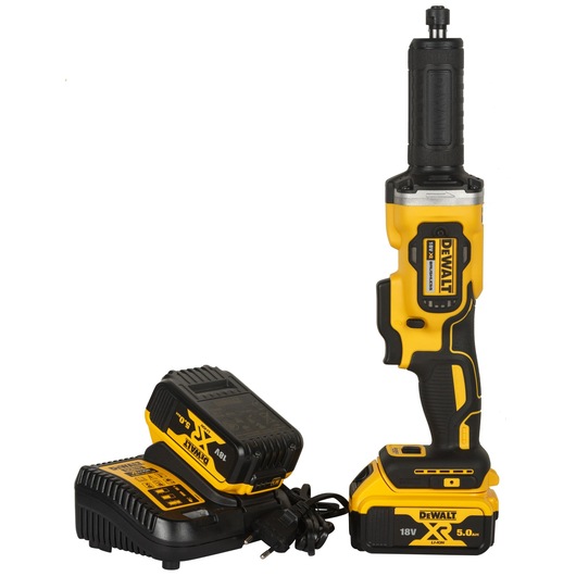A DEWALT cordless rotary tool with a yellow and black design, shown standing upright next to its battery charger and a spare battery pack.