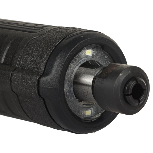 Close-up image of the front end of a DEWALT cordless die grinder showing the chuck and LED work lights.