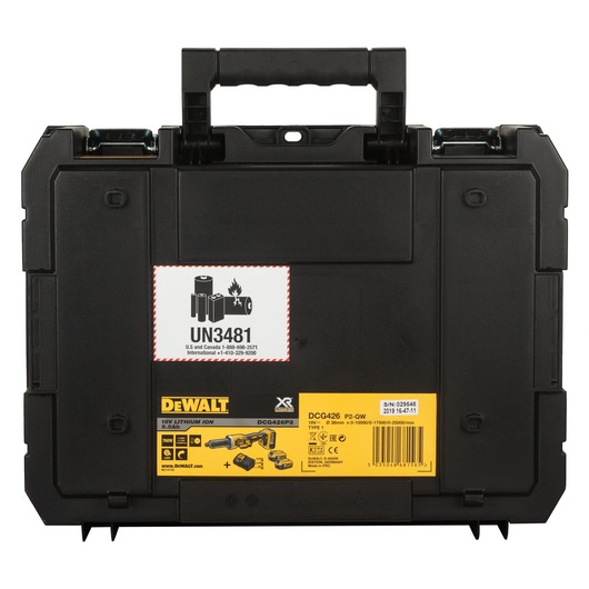 Black DEWALT carrying case with a handle, displaying a UN3481 lithium battery hazard label and yellow product information label for model DCG426P2, which includes images and specifications.