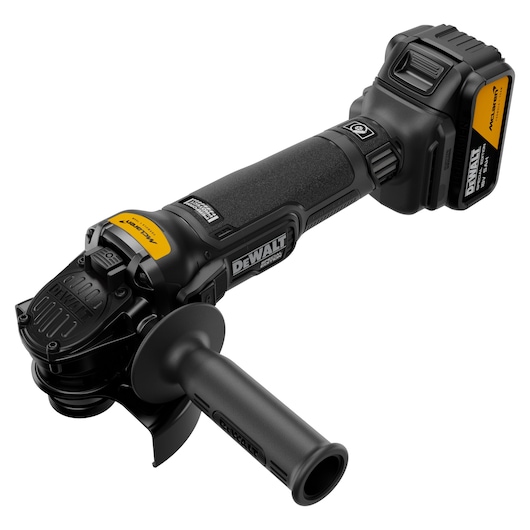 DEWALT x McLaren F1 Team 18V XR Special Edition Grinder with 5Ah battery front angled view