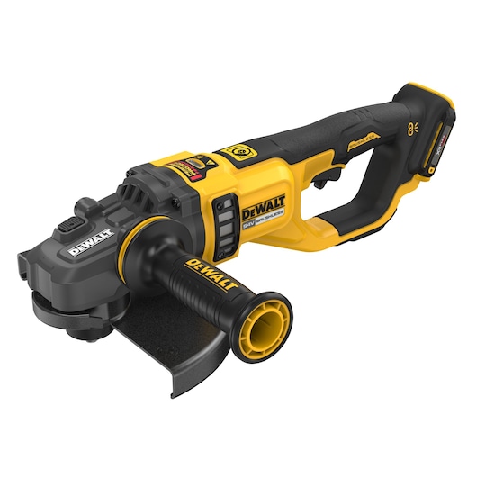 DEWALT cordless angle grinder, model DCG460NK, featuring a yellow and black design with a side handle and a brushless motor.