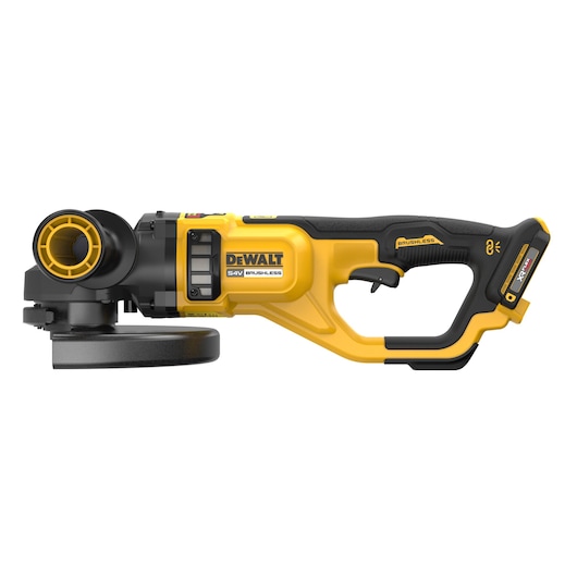 A DEWALT 54V brushless cordless angle grinder with yellow and black ergonomic design, shown from the side on a white background.