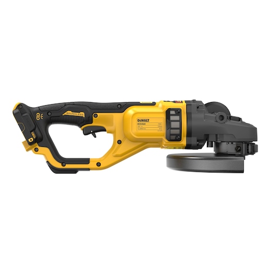 A yellow and black DEWALT cordless angle grinder, model DCG460NK, shown in a side profile view on a white background.