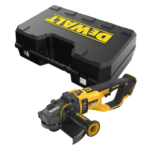 A yellow and black DEWALT cordless angle grinder with a side handle is shown in front of a sturdy black DEWALT carrying case.