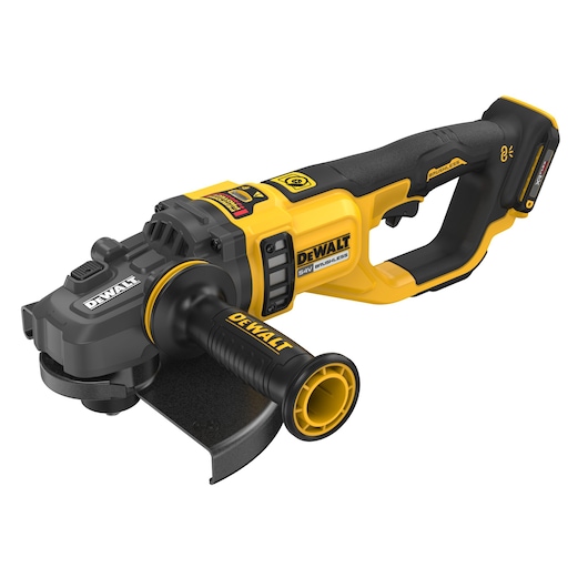 A DEWALT 54V brushless angle grinder with a black and yellow design, featuring a side handle and protective guard. The tool is cordless and labeled with the DEWALT logo.