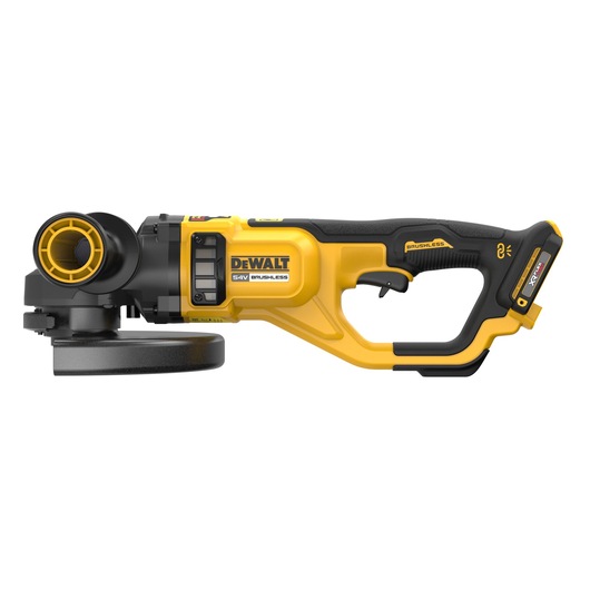 DEWALT 54V brushless cordless angle grinder with yellow and black design, shown from the side.