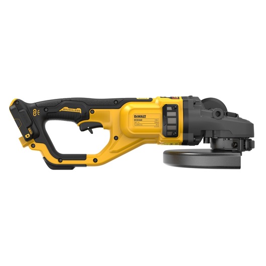 Side view of a DEWALT DCG460N cordless brushless angle grinder in yellow and black colors, showing the handle, motor, and grinding disc.