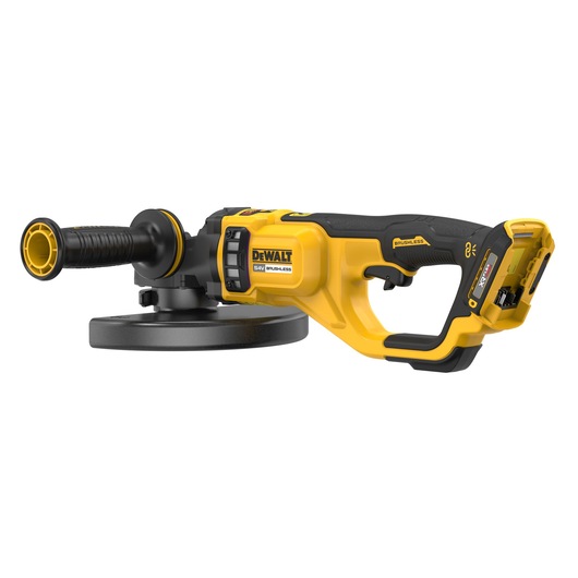A yellow and black DEWALT cordless brushless grinder, model DCG460N, with a side handle and a flat grinding disc.