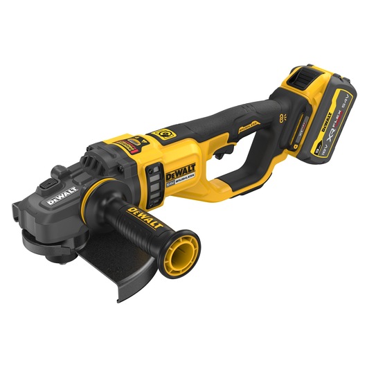 A DEWALT 54V cordless brushless angle grinder with a yellow and black body, ergonomic handle, side grip, and attached battery pack.