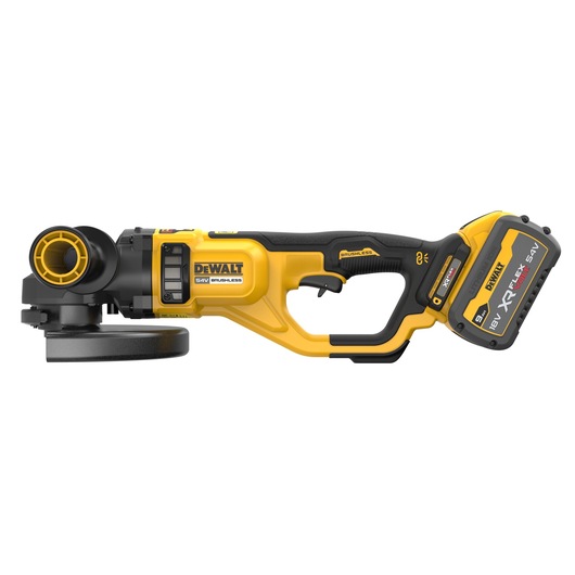 A DEWALT cordless brushless angle grinder with a yellow and black body, FLEXVOLT XR 18V/54V battery attached, and side handle. The product is designed for heavy-duty grinding and cutting tasks.