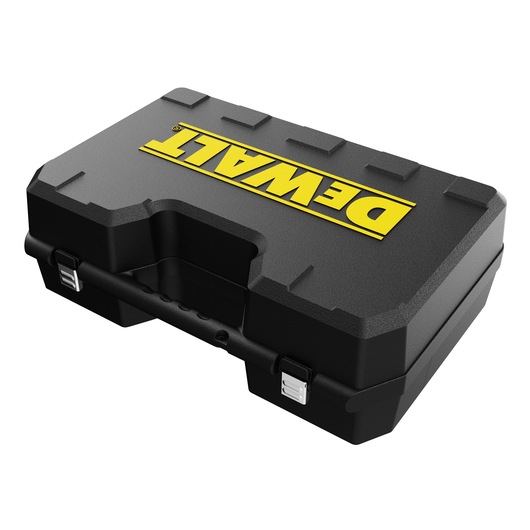 A black hard plastic carrying case with a yellow DEWALT logo on the lid and metal latches on the front.