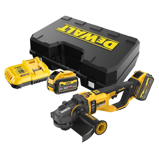 A DEWALT cordless angle grinder kit including a yellow and black angle grinder, two batteries, a charger, and a sturdy black carrying case with the DEWALT logo.
