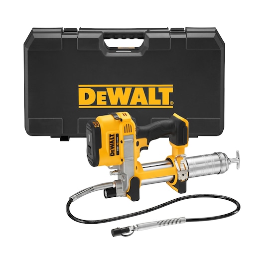 DEWALT DCGG571NK, DCGG571NK-XJ grease gun with carrying case shown for photography category.