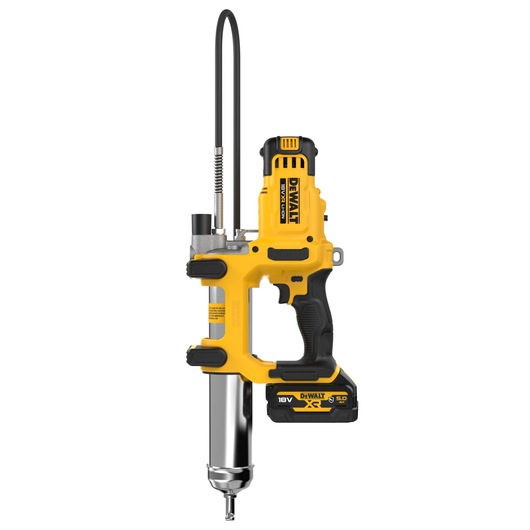 DEWALT cordless grease gun, yellow and black, with battery and flexible hose, shown upright on white background.