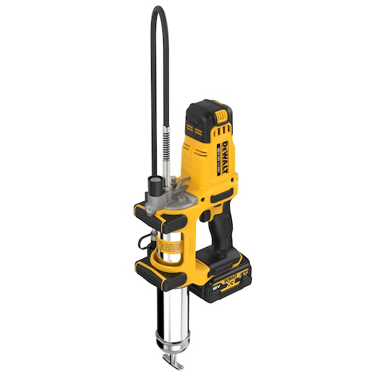 Yellow DEWALT cordless grease gun with battery and hose, shown upright on a white background.